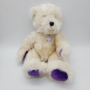 Vintage Dakin Bear With Pearls Plush 9" Ivory Purple Velvet Feet Stuffed Animal